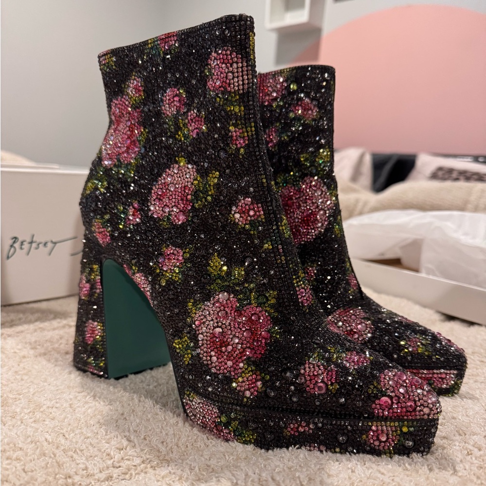 Betsey Johnson Floral Rhinestones Boots, 8.5
